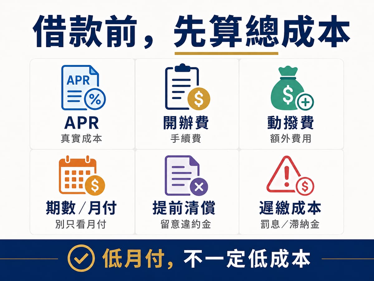 借款總成本六項評估:APR、開辦費、動撥費、期數月付、提前清償與遲繳成本