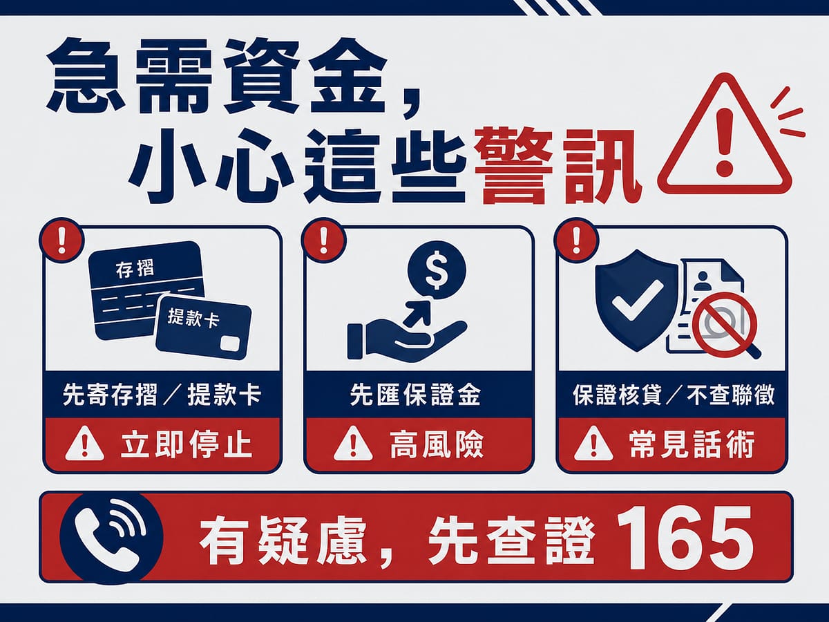 急需資金防詐警訊:寄存摺提款卡、先匯保證金及保證核貸不查聯徵