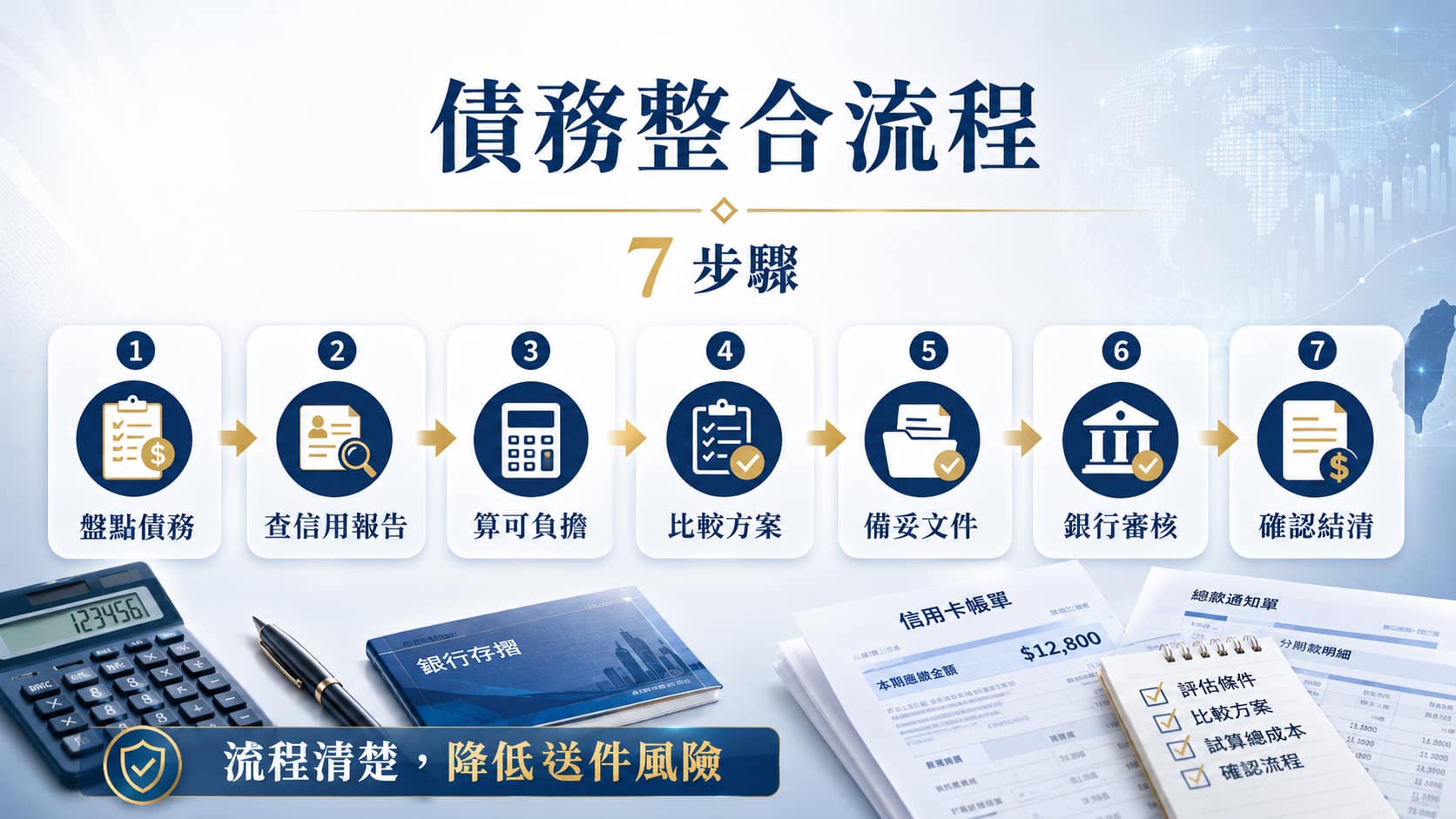 債務整合七步驟:盤點債務、信用報告、試算、備妥文件、銀行審核與結清