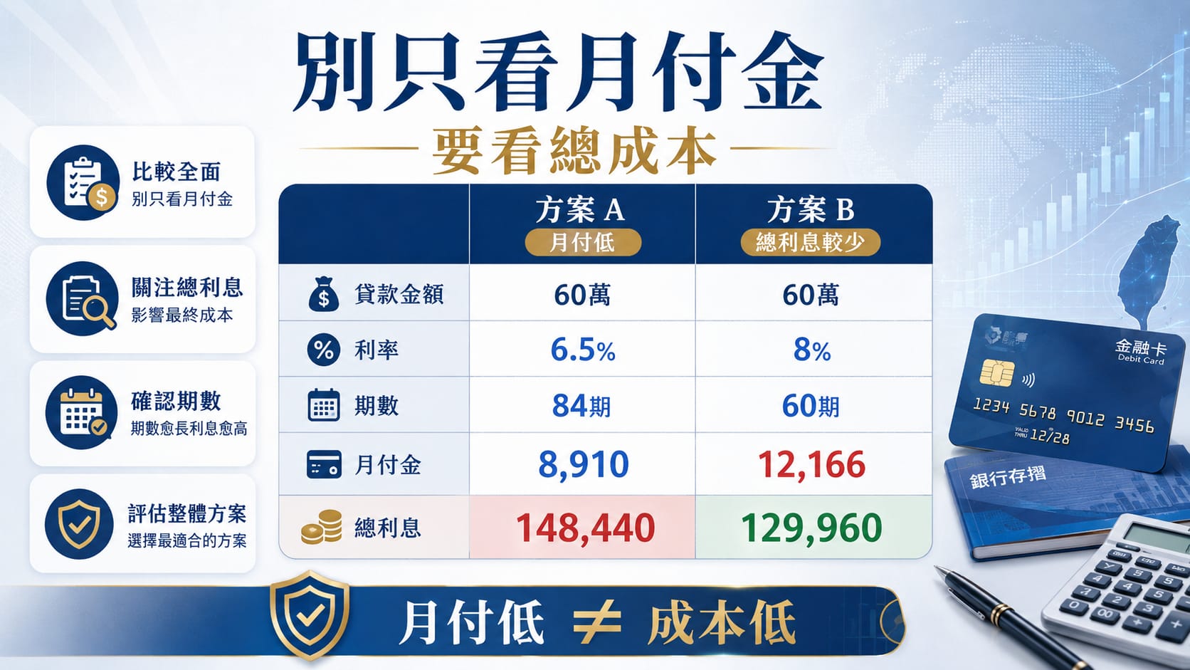 債務整合利率與總成本比較:月付金、期數及總利息試算